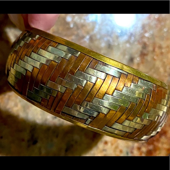 Vintage Silver Copper & Brass bangle bracelet Tri-Color Basket Weave Cuff VGUC - Picture 14 of 17